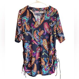Lands’ End 1X Paisley Tunic Top Sun Top Drawstring Sides V-Neck 16W 18W